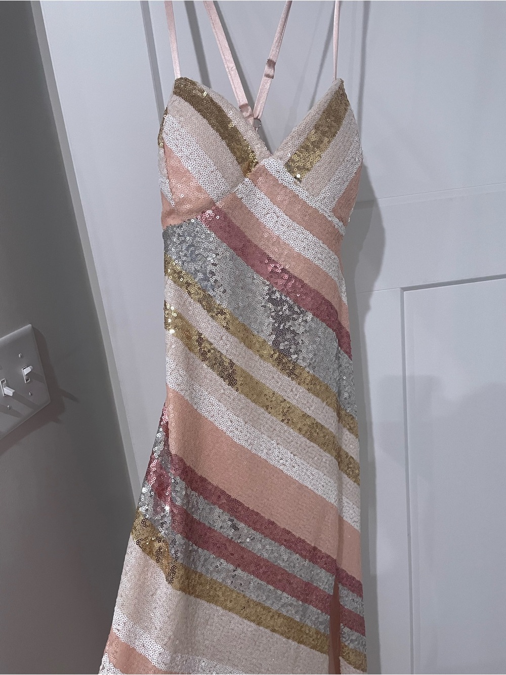 Violet Weekend Juniors Sequin Striped Slip Dress in Blush Multi